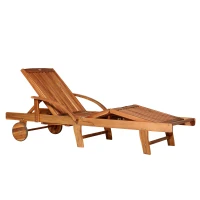 Outsunny Folding Wooden Sun Lounger, 4-Level Adjustable Garden Lounger Recliner with Side Tray and Wheels, Outdoor Reclining Sunbed with Slatted Seat and Armrests for Patio, Terrace, Teak(m-1)