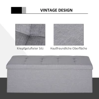 HOMCOM Sitzbank, Polsterbank mit Stauraum, Truhenbank mit Trenngitter, Faltbar, Sackleinen, Schaumstoff, Grau, 110 x 38 x 38 cm(m-5)