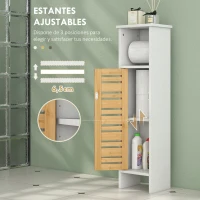 HOMCOM Mueble Auxiliar de Baño con Portarrollos de Papel Estantes Ajustable y Puerta de Bambú 21x17x78 cm Blanco y Natural(m-5)