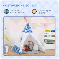 HOMCOM Tenda Indiana per Bambini Teepee in Tessuto e Legno con Finestra, Età 3-6 Anni, 120x120x155cm, Bianco e Blu(m-6)