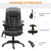 HOMCOM Fauteuil de bureau massant et chauffant électrique fauteuil bureau ergonomique revêtement synthétique noir(m-5)