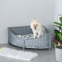 PawHut Wicker Raised Dog Bed Cat Sofa Elevated Couch Lifted Corner with Soft Plush Cushion Elevated Base Grey 68 x 68 x 32cm(m-2)