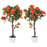 Outsunny Set of 2 Artificial Plants White Rose Floral in Pot, Fake Plants for Home Indoor Decor, 90cm, Orange(m-11)