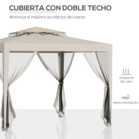 Outsunny Carpa de Jardín 3x3 m Cenador Gazebo con 4 Mosquiteras Laterales Techo Doble 8 Orificios de Drenaje Marco de Metal Beige(m-4)