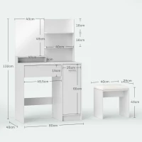 HOMCOM Tocador de Maquillaje con Taburete Espejo Cajón Estante Ajustable y Estantes Abiertos Anti-vuelco Blanco y Beige(m-3)