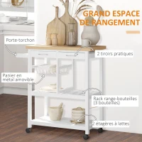 HOMCOM Chariot de service desserte de cuisine à roulettes multi-rangements 85L x 37l x 85H cm plateau bois massif pin châssis MDF blanc(m-4)