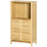 HOMCOM Badezimmerschrank Badschrank Standregal mit 2 Lamellentüren, offenem Regal, Bambus, Aufbewahrungsschrank Schrank für Badezimmer, Wohnzimmer 50 x 25,5 x 92cm Natur(m-10)