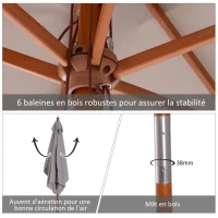 Outsunny Parasol de jardin extérieur Parasol rectangulaire inclinable bois polyester haute densité 2L x 1,5l x 2,3H m gris clair(m-5)