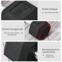 HOMCOM Haltère courte poids 15 Kg - Haltère hexagonale entraînement musculaire & haltérophilie - métal caoutchouc noir(m-4)