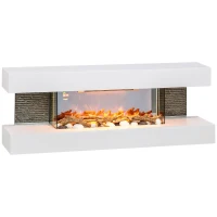 HOMCOM 47inch / 120cm Electric Fireplace Wall Mounted, Freestanding, Glass Electric Fire Suite with Mantel, Adjustable LED Flame Effect and Temperature, Log, Pebble, Remote Control, 2000W, White(m-1)