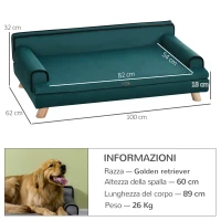 PawHut Divano per Cani Grandi con Imbottitura, Rivestimento Morbido e Lavabile, Gambe in Legno, Verde(m-3)