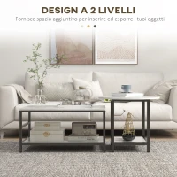 HOMCOM Set 2 Tavolini da Caffè a 2 Livelli in Truciolato e Acciaio con Piano d'Appoggio Effetto Marmo, Bianco e Nero(m-5)