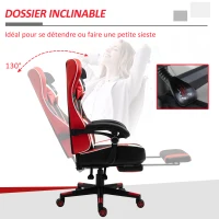 Vinsetto Fauteuil de bureau gaming massant - pivotant, inclinable, réglable - coussin lombaire, tétière, repose-pieds inclus - PVC rouge blanc noir(m-6)