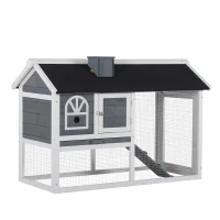 PawHut Wooden Rabbit Hutch and Run with Sliding Tray, Ramp, Water-resistant Roof, for 2-4 Rabbits, Grey(m-1)