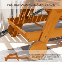 Outsunny Bain de soleil en bois à lattes avec dossier inclinable sur 3 positions accoudoirs 2 roues 66 x 190 x 73,5 cm(m-4)