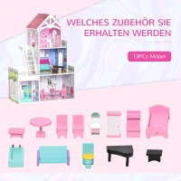 HOMCOM Puppenhaus aus Holz mit Möbeln Zubehör Puppenstube Puppenvilla 3 Etagen Dollhouse Große Spielset für Kinder ab 3 Jahren Rosa 60 x 29 x 85 cm(m-4)