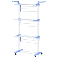 HOMCOM Tendedero Vertical Plegable con Ruedas Tendedero de Ropa de 3 Niveles con Alas Plegables 73x64x172 cm Azul y Blanco(m-10)