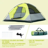 Outsunny Tente de camping 3 personnes tente dôme étanche légère ventilée portes zippées poche de rangement sac de transport inclus fibre verre polyester tissu Oxford 210L x 210l x 119H cm vert et gris(m-7)