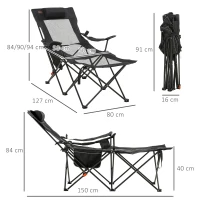 Outsunny Chaise de camping pliable avec repose-pied + Porte-gobelets + coussin appui-tête et sac de transport inclus noir(m-3)