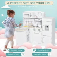 HOMCOM Kids Play Kitchen Wooden Toy Kitchen Cooking Set for Children with Drinking Fountain, Microwave, and Fridge White(m-4)