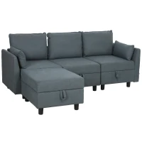 HOMCOM Divano Componibile Modulare 3 Posti con Pouf Poggiapiedi e Cuscini, Rivestimento in Flanella, Grigio Scuro(m-10)