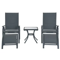 Outsunny Lot de 2 transats bains de soleil grand confort dossier inclinable, repose-pied amovibles intégrés table basse métal époxy textilène gris(m-6)
