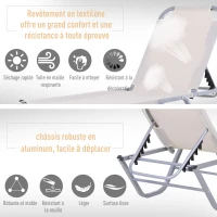 Outsunny Bain de Soleil transat Chaise Longue Design Contemporain Dossier inclinable Multi-Positions aluminium textilène dim. 163L x 58,5I x 91H cm Crème(m-6)