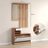 HOMCOM Mobile Appendiabiti 3 in 1 con Scarpiera e Specchio, Ganci e Cassetti, in Legno, 90x24x177 cm, Bianco e Noce(m-3)