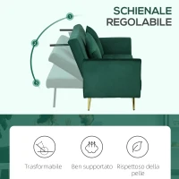 HOMCOM Divano Letto Clic Clac con Schienale Regolabile e 2 Cuscini, in Tessuto Effetto Velluto, 215x83x87 cm, Verde(m-6)