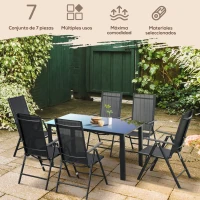 Outsunny Conjunto de Muebles de Jardín de Aluminio 7 Piezas con 6 Sillas Plegables y Reclinables Mesa de Vidrio Templado Negro(m-4)
