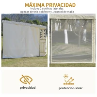 Outsunny Cenador de Jardín 4x3 m Montado en la Pared con Cortinas Laterales Malla con Cremallera 4 Orificios de Drenaje para Exterior Fiestas Eventos Beige(m-5)