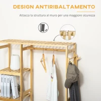HOMCOM Appendiabiti da Terra in Legno di Bambù, Attaccapanni con Mensole Laterali per Ingresso e Camera da Letto, 90x30x155cm(m-6)