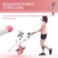 HOMCOM Vélo d'appartement pliable, vélo d'exercice, home traîner pour adultes, 8 niveaux de résistance magnétique, capteurs pouls main, écran LCD multifonction, selle réglable, acier, rose, blanc(m-7)