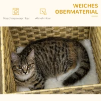 PawHut Katzenhöhle aus Rattan mit Stauraum, inkl. waschbaren Kissen, 40 cm x 40 cm x 77 cm, Eiche + Weiß + Beige(m-5)