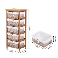 HOMCOM 5 Drawer Dresser Wicker Basket Storage Shelf Unit Wooden Frame Home Organisation Cabinet Bedroom Office Furniture Natural Finish(m-3)