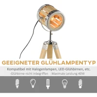 HOMCOM Stativ-Leuchte aus Holz Dreibeiniges Gestell, Scheinwerfer-Design 30 cm x 30 cm x 68 cm Holz Natur + Silber(m-7)