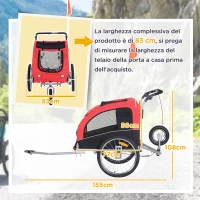 PawHut Rimorchio Bici per Cani Taglia Media a 2 Ingressi con Finestrelle e Tettuccio Apribile, 126-155x83x108 cm, Rosso(m-3)