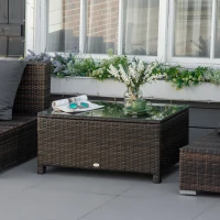 Outsunny Mesa Exterior Terraza de Ratán Sintético Mesa Auxiliar con Vidrio Templado para Terraza Patio Balcón 85x50x39 cm Marrón(m-7)