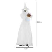 Outsunny 74 Inch Halloween Decorations White Witch Holding Pumpkin Head, Standing Skeleton Ghost Prop Life Size with Light Up Eyes and Body(m-3)