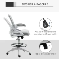 Vinsetto Fauteuil de bureau chaise de bureau assise debout hauteur réglable repose-pieds accoudoir rabattable pivotant 360° maille respirante dim. 64L x 60l x 106-126H cm gris et blanc(m-6)