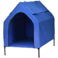 PawHut Caseta para Perros Grandes 110x76x110 cm Cama Elevada para Mascotas con Cubierta Desmontable y Ventanas de Malla Azul(m-10)