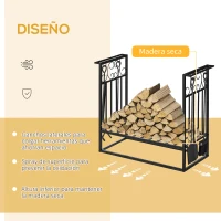 HOMCOM Estante para Leña de Chimenea 75x30x60 cm Soporte para Leña Tradicional Portaleña de Diseño Vintage con 4 Herramientas Base Elevada Carga Máx. 100 kg Acero para Interior y Exterior Negro(m-5)