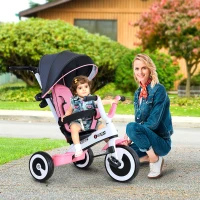HOMCOM Tricycle enfant évolutif pare-soleil pliable canne télescopique amovible 115L x 54l x 96H cm métal rose blanc noir(m-2)