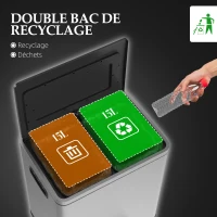 HOMCOM Poubelle de cuisine 2 compartiments de 2 x 15L, avec pédale, en acier inoxydable, couvercle à fermeture douce(m-4)