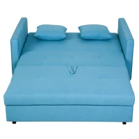HOMCOM 2 Seater Sofa Bed with Hidden Storage, Pull Out Convertible Bed Settee, Modern Linen Loveseat Sofa Sleeper with 2 Cushions for Living Room, Guest Room, Blue(m-11)