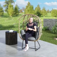 Outsunny Rattan Egg Chair Outdoor Indoor Wicker Chair with Thickened Cushion and Headrest, Standing Garden Egg Chair with Cup Holder, Metal Frame for Patio, Balcony, Brown(m-10)