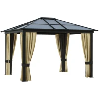 Outsunny Pavillon mit Polycarbonatdach, Vorhänge mit Fliegennetz, Alugestell, braun+beige, 3,6 x 3 x 2,6 m(m-1)