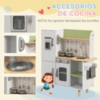 AIYAPLAY Cocinita de Juguete Infantil de Madera con Máquina de Hielo Fregadero Móvil y Utensilios de Cocina 84x34x89 cm Blanco(m-6)