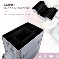 HOMCOM Valigetta Beauty Case 2 in 1 con Maniglia Regolabile su 3 Livelli e Ruote, Trucco Professionale Trolley per Make Up in Alluminio, 35.5x23x105 cm, Argento(m-7)