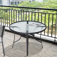 Outsunny 106cm Round Garden Dining Table with Parasol Hole Tempered Glass Top Steel Frame(m-10)